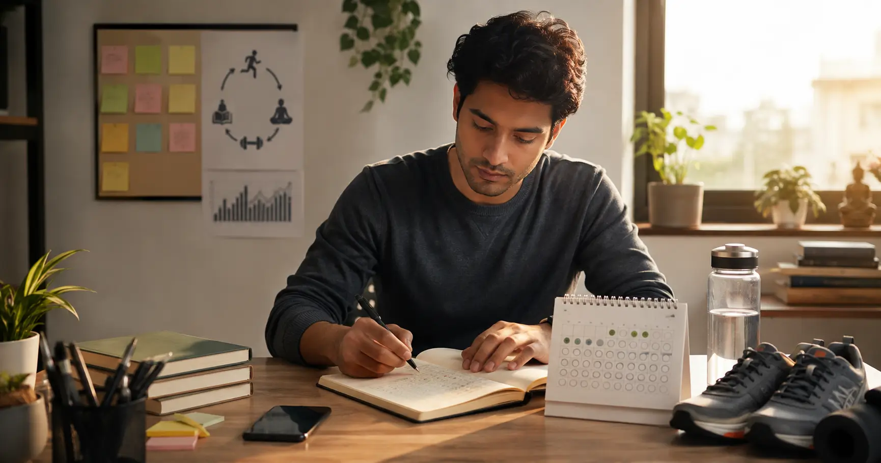 Small routines become easier to repeat when the environment is designed to support them. Young professional creating a daily habit routine with a journal and organized workspace