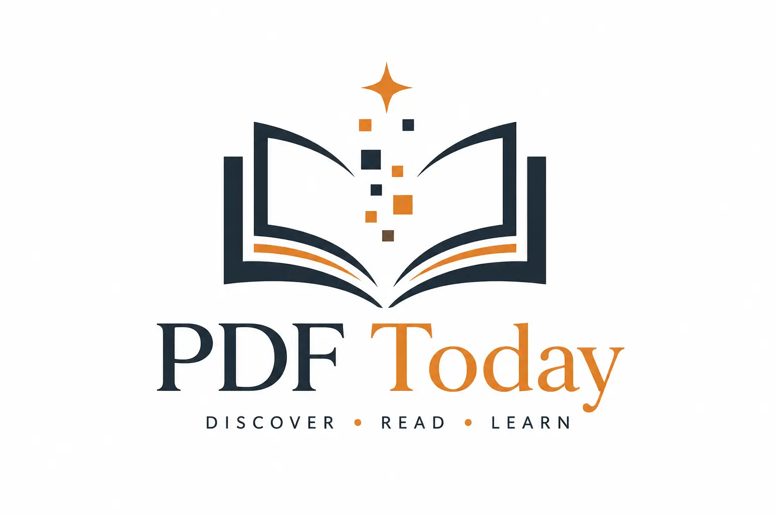 PDF Today — Modern digital book discovery and reading platform logo. PDF Today logo featuring a minimalist open-book symbol with digital elements in deep charcoal and warm orange.