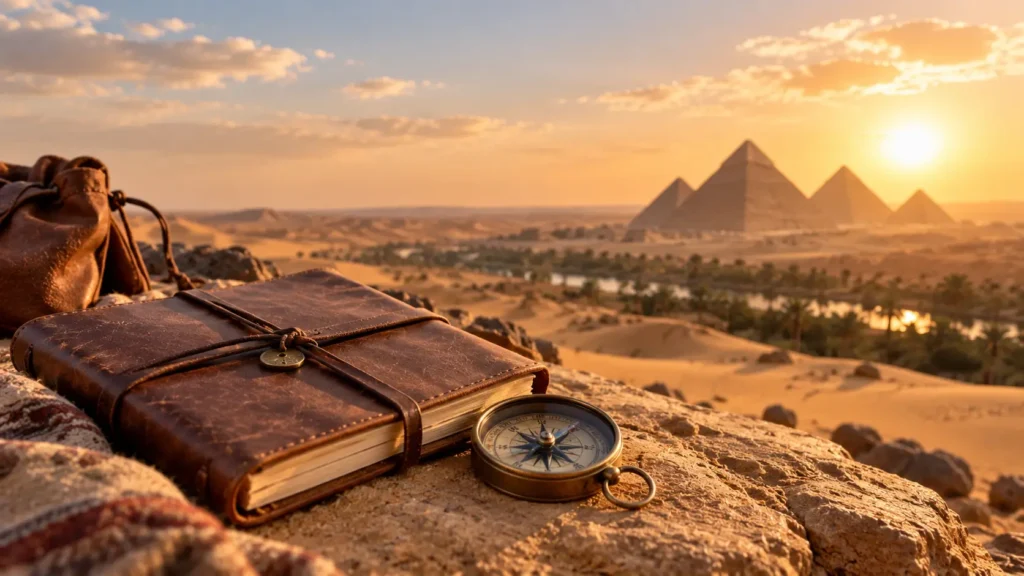 A travel journal and compass on desert sand with Egyptian pyramids visible in the distance, representing The Alchemist's journey.