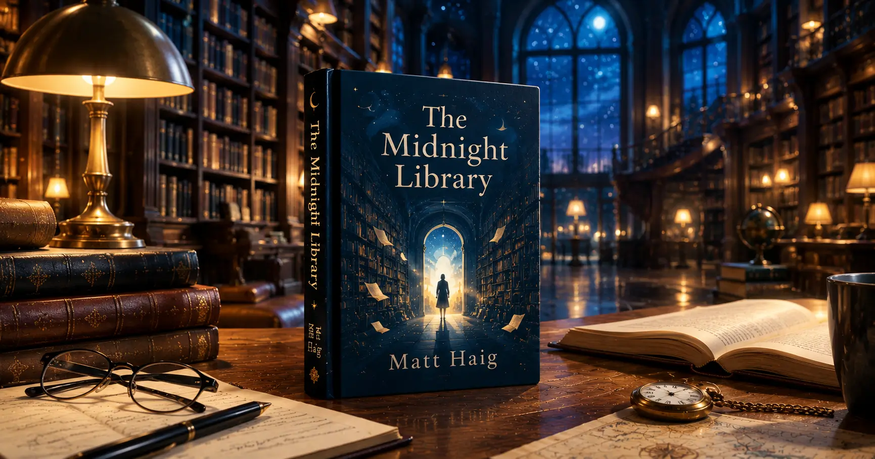 The Midnight Library by Matt Haig represented in a mysterious midnight library setting