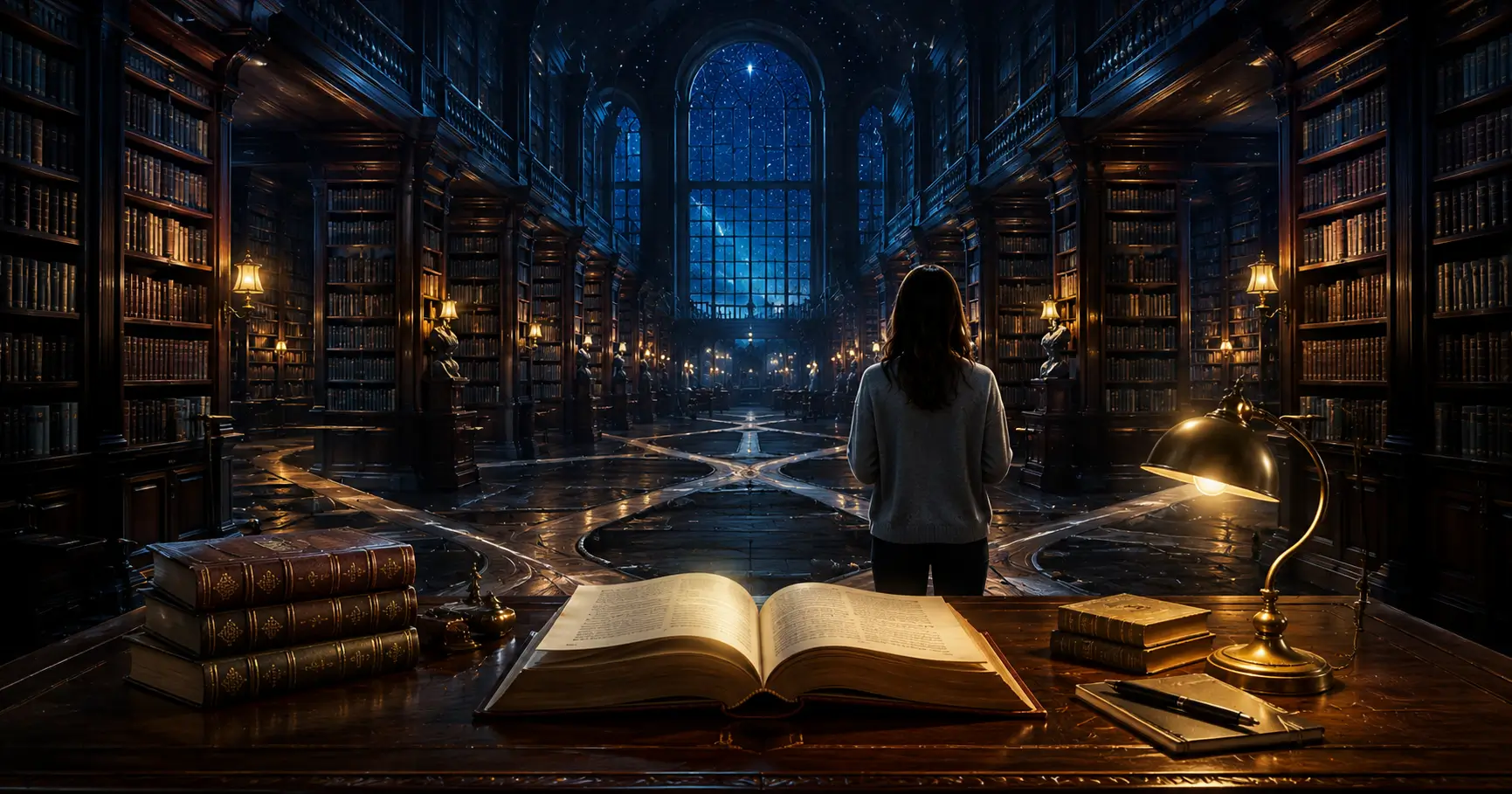 The Midnight Library inspired literary scene with an endless library and books representing different life choices