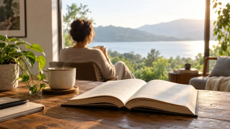 Open generic book beside a cup of tea and a person sitting quietly by a window, representing present-moment awareness