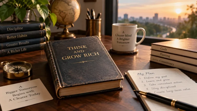 Editorial image representing Think and Grow Rich by Napoleon Hill with a classic book, goal-setting notes and symbols of personal achievement