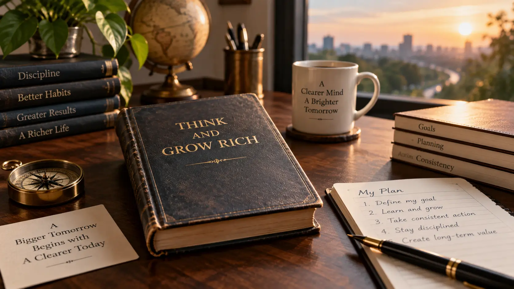 Editorial image representing Think and Grow Rich by Napoleon Hill with a classic book, goal-setting notes and symbols of personal achievement