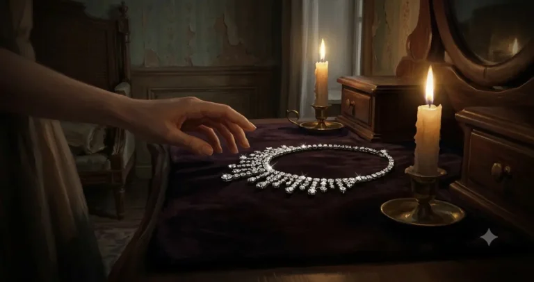 A sparkling diamond necklace resting on velvet under candlelight in a Parisian room.