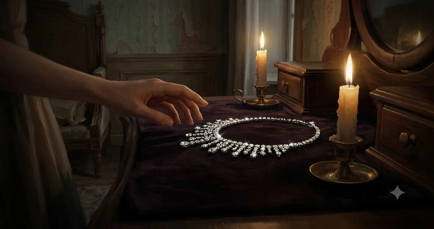 A sparkling diamond necklace resting on velvet under candlelight in a Parisian room.